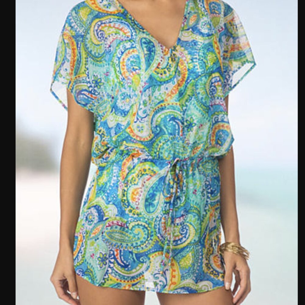 Lauren Ralph Lauren Size L Cover Up Carnivale Paisley Mesh Tunic Drop Waist
